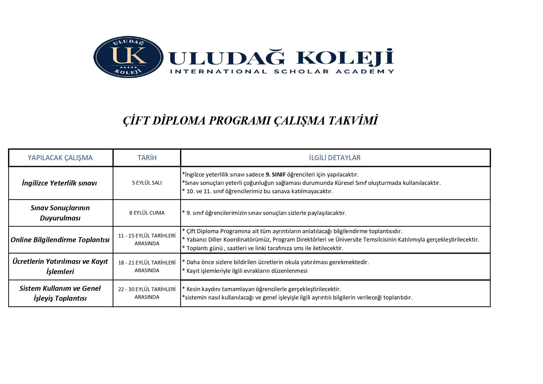 Uludağ koleji haber - ÇİFT DİPLOMA PROGRAMI ÇALIŞMA TAKVİMİ